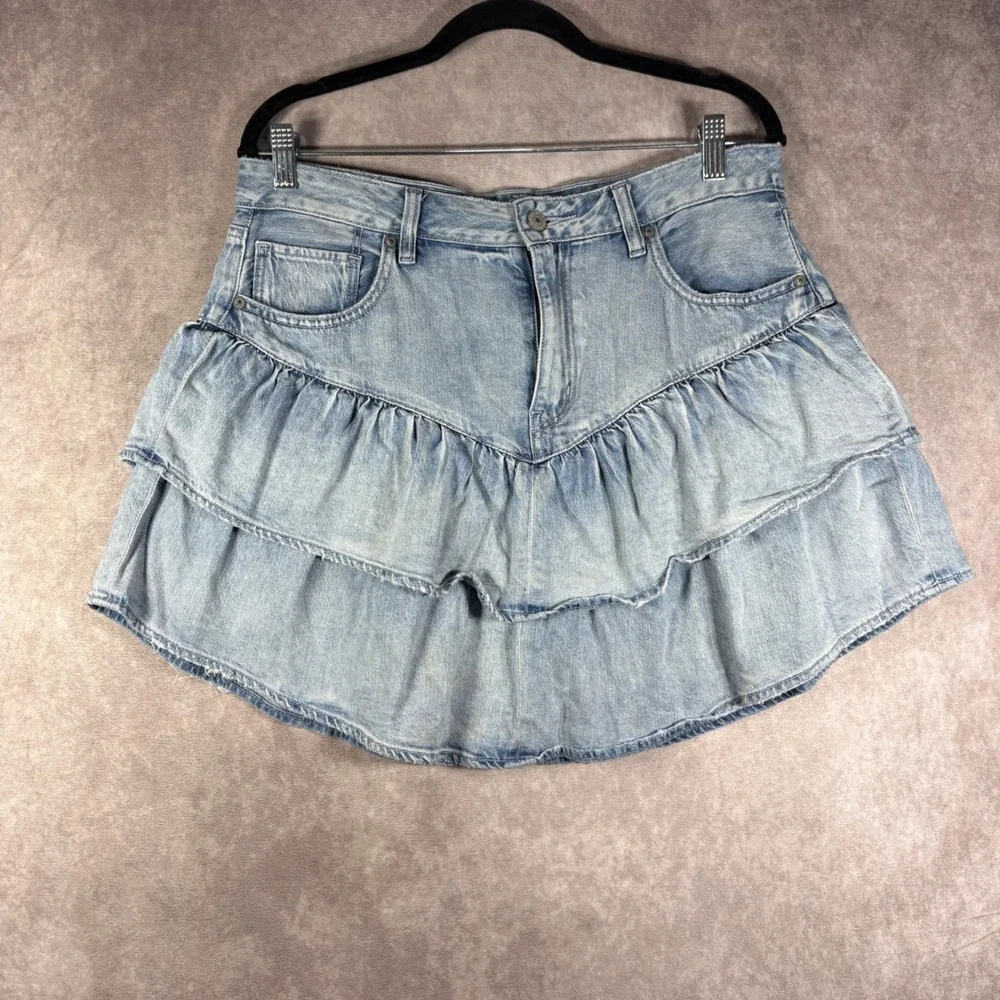 American Eagle Skirt Womens 12 Blue Denim Ruffle Tiered Boho Mini Light Wash